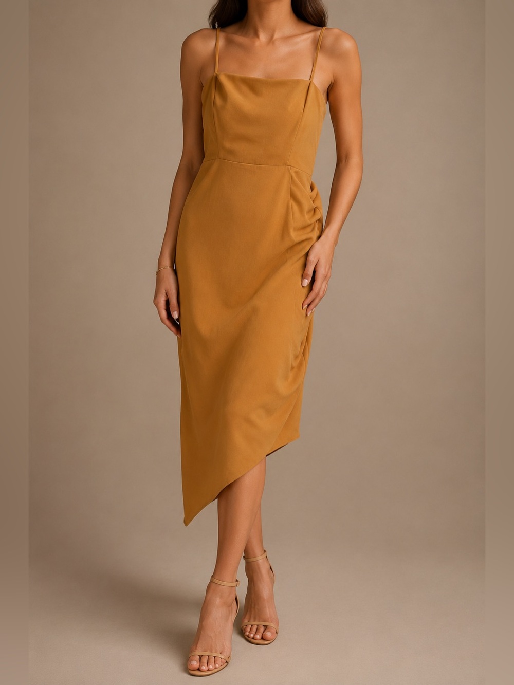 Gianni Bini Camel Ruched Asymmetrical Midi Dress | Side Ruching | EUC